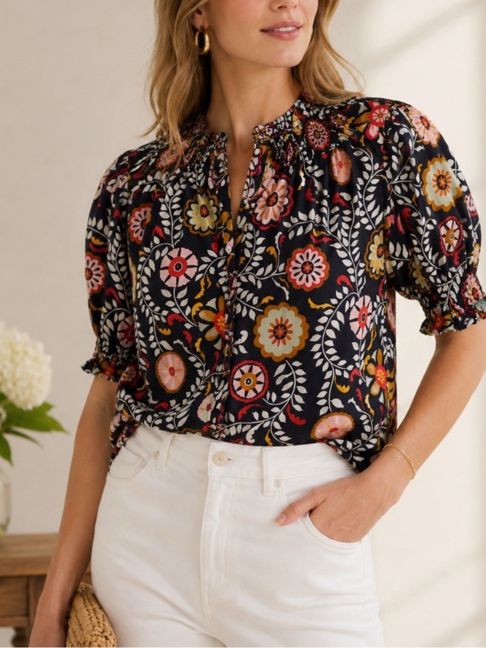 Boden smocked Floral Puff Sleeve Blouse